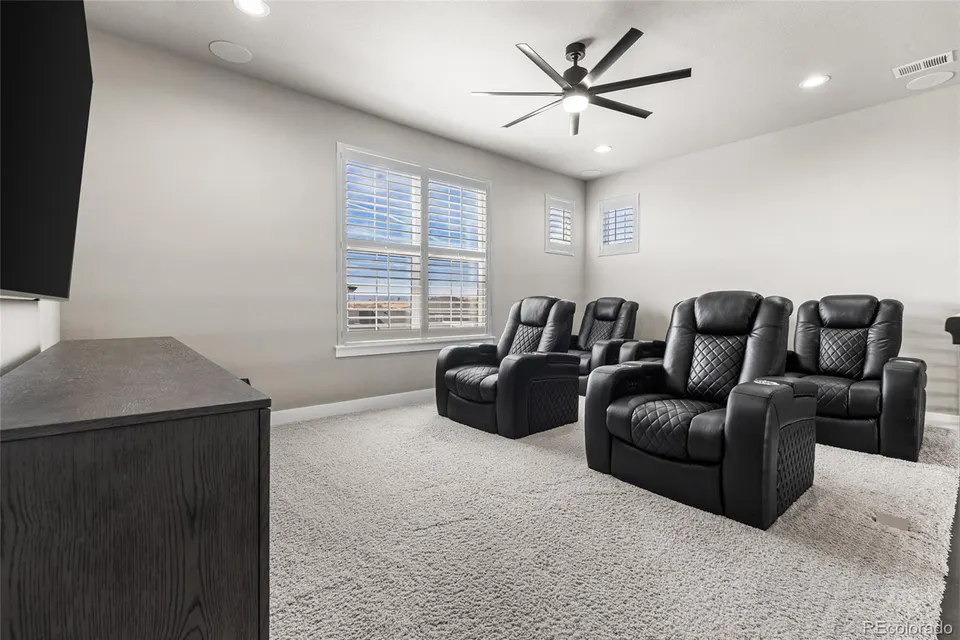 Upper-level media room with theater seating