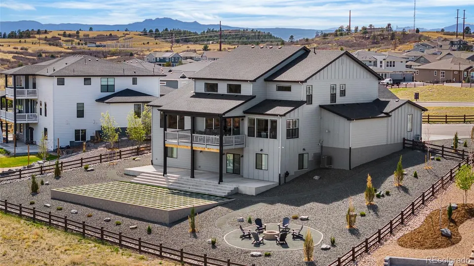 Aerial of the rear elevation with the Front Range on the horizon
